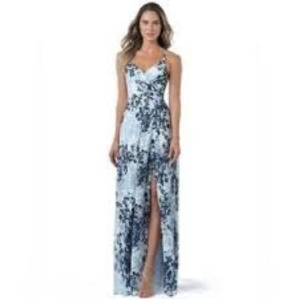 NWT Azazie Womens Dress 2 Blue Floral High Slit Gown Cocktail Bridesmaid Formal